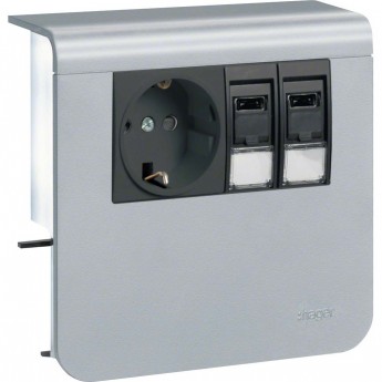 Держатель устройств HAGER SL new, с розетками Schuko (L+N+PE), 16A, 250A AC и 2хRJ45, декор "алюминий"